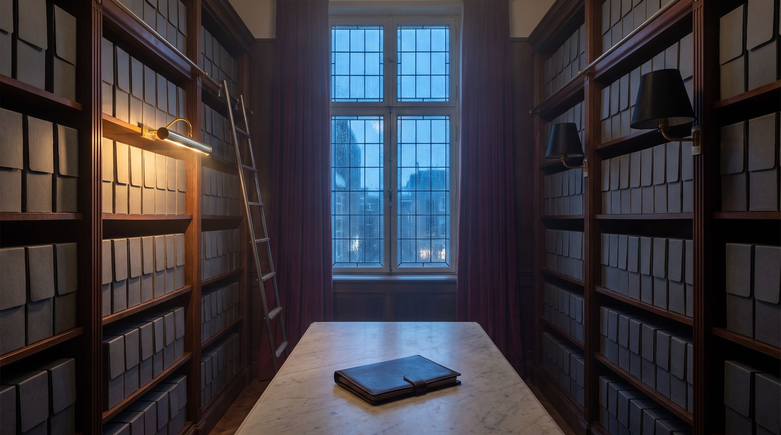 A private archive room after hours, grey document boxes under one brass light and cold city glass at the end