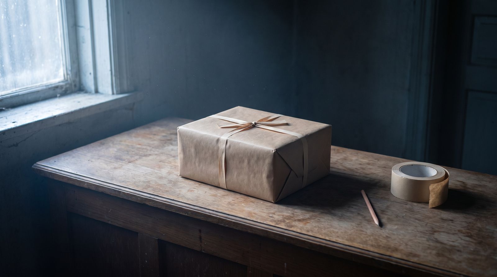 One book-shaped parcel in plain kraft paper, tied with a paper band on a wooden counter