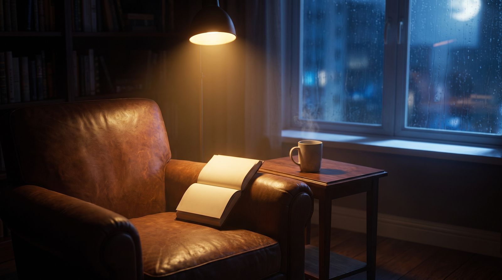 A reading chair at night, one lamp lit and an open book laid face down on the arm
