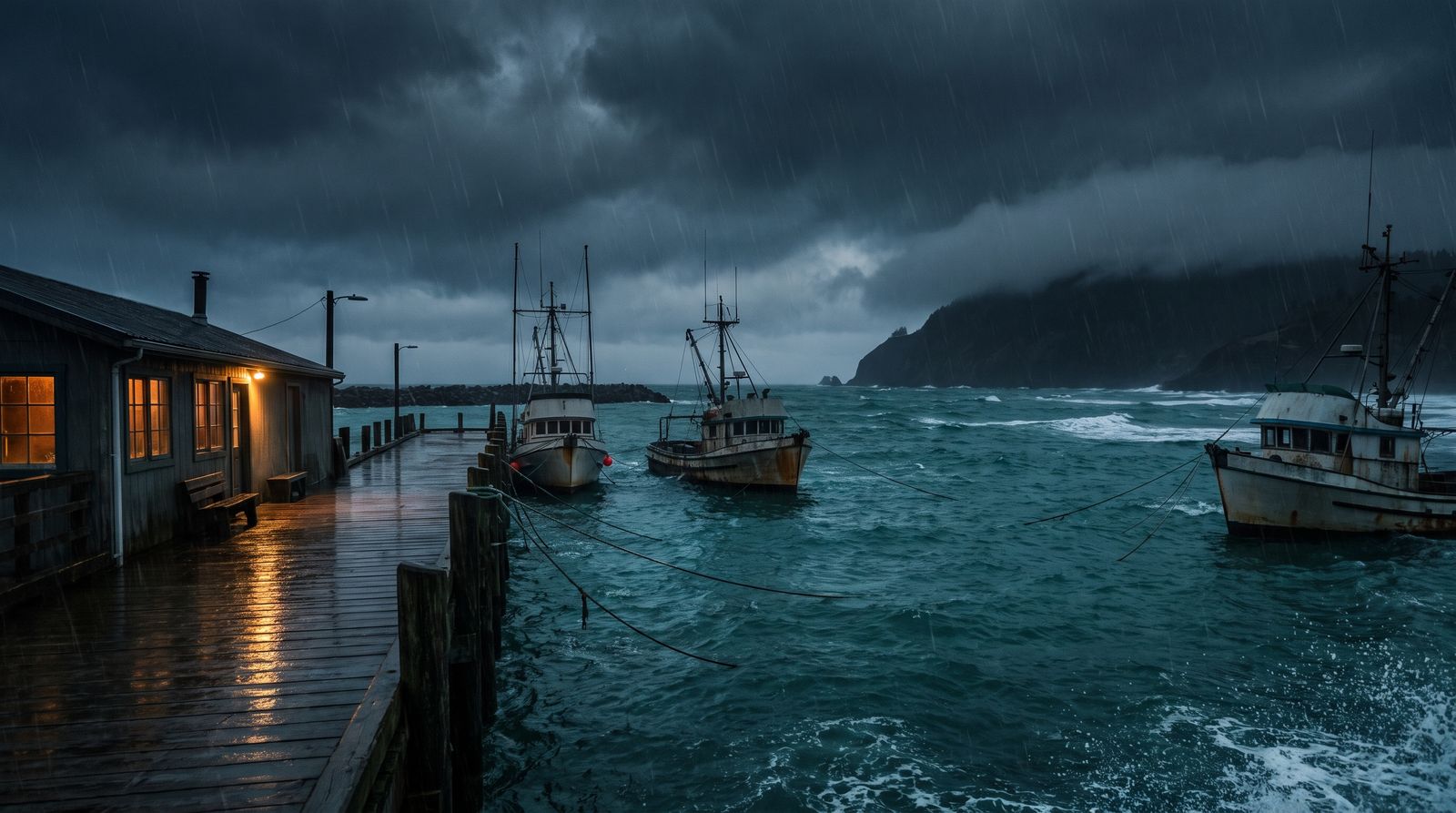 An Oregon fishing harbour at dusk in a storm, boats at their moorings and one dockside bar burning amber at the pier head